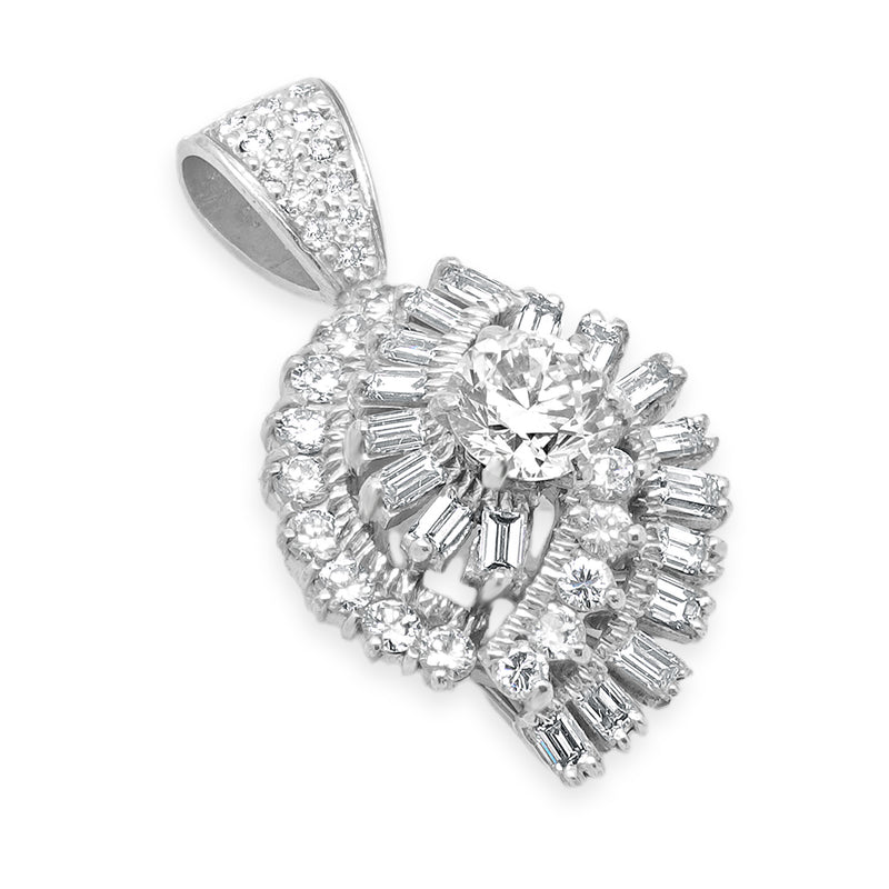 Platinum/ 14k White Gold Baguette & Round Brillaint Diamond Bypass Pendant
