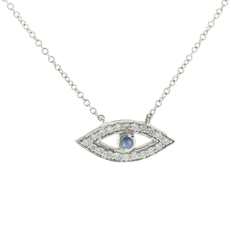 14 Karat White Gold Diamond and Sapphire Evil Eye Necklace