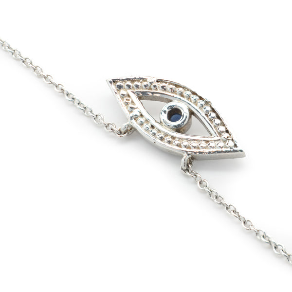 14 Karat White Gold Diamond and Sapphire Evil Eye Necklace