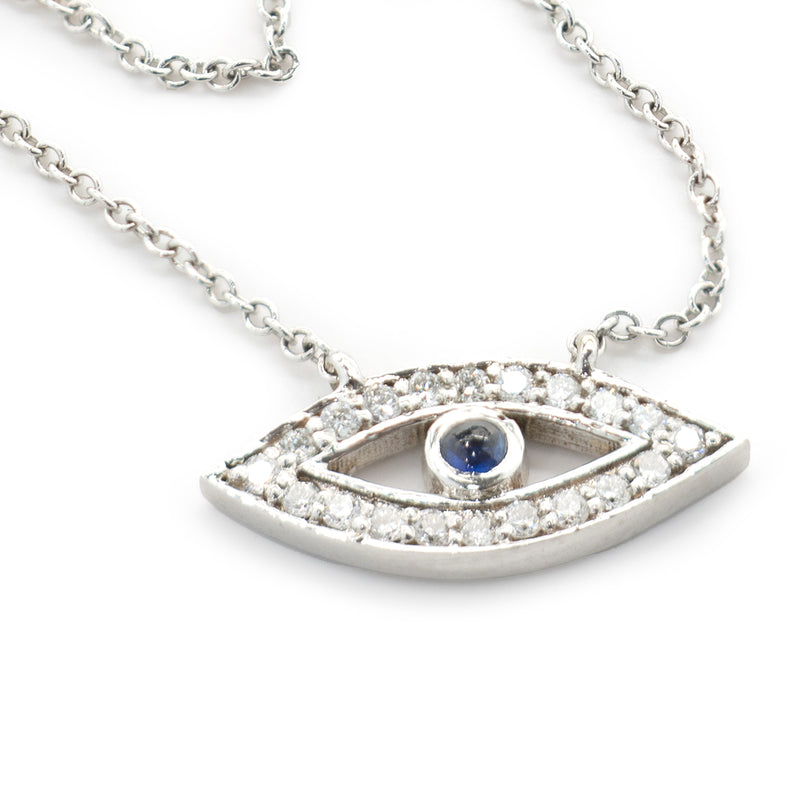 14 Karat White Gold Diamond and Sapphire Evil Eye Necklace