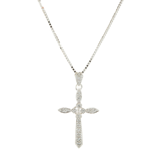 14 Karat White Gold Diamond Cross Necklace