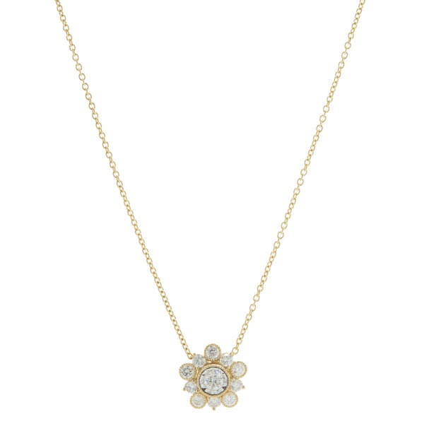 14 Karat Yellow Gold Miracle Set Diamond Flower Necklace