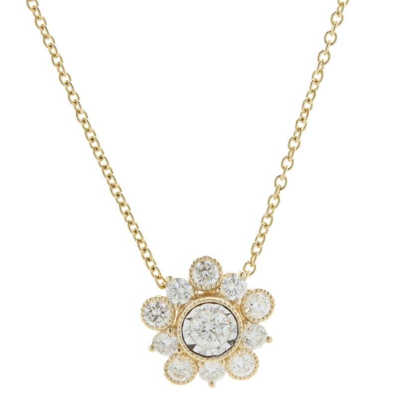 14 Karat Yellow Gold Miracle Set Diamond Flower Necklace