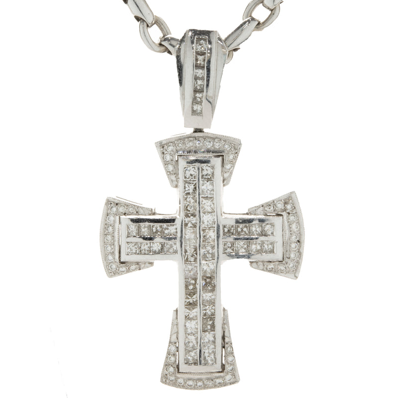 14 Karat White Gold Diamond Cross Necklace on Metal Chain