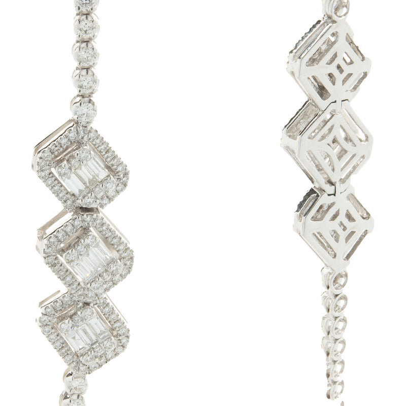 18 Karat White Gold Diamond Tennis Necklace with Mosaic Set Diamond Station Necklace