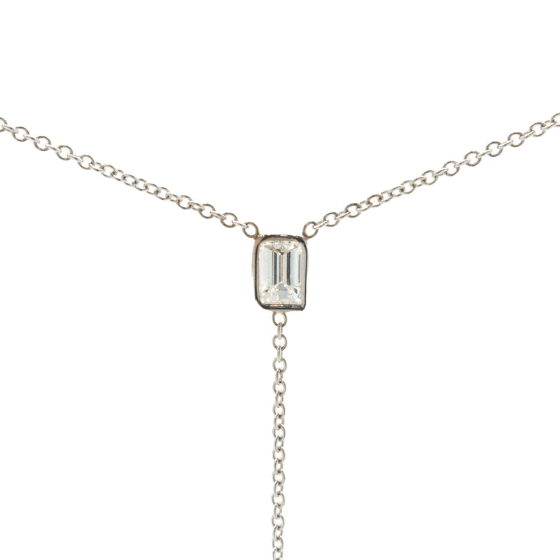 18 Karat White Gold Round and Emerald Cut Diamond Lariat Necklace
