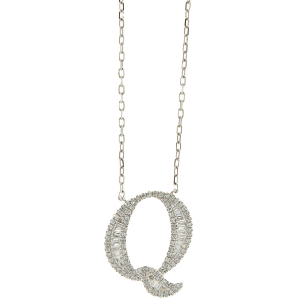 18 Karat White Gold Mosaic Set Diamond Initial Q Necklace
