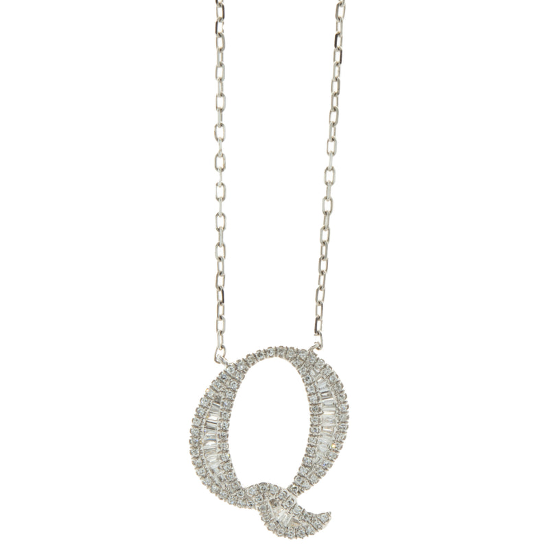 18 Karat White Gold Mosaic Set Diamond Initial Q Necklace