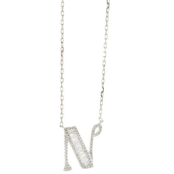 18 Karat White Gold Mosaic Set Diamond Initial N Necklace