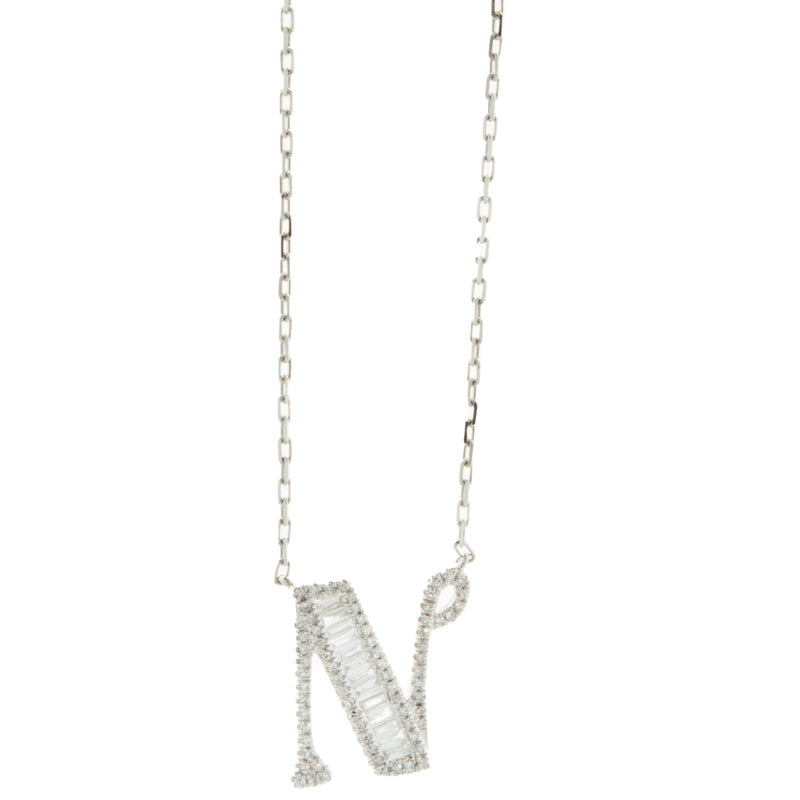 18 Karat White Gold Mosaic Set Diamond Initial N Necklace