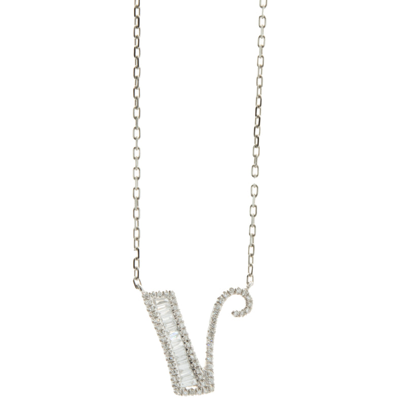 18 Karat White Gold Mosaic Set Diamond Initial V Necklace