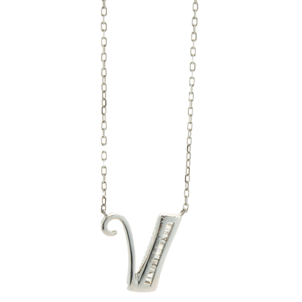 18 Karat White Gold Mosaic Set Diamond Initial V Necklace