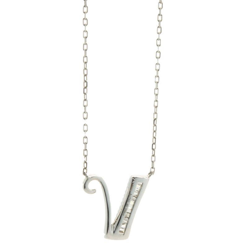 18 Karat White Gold Mosaic Set Diamond Initial V Necklace