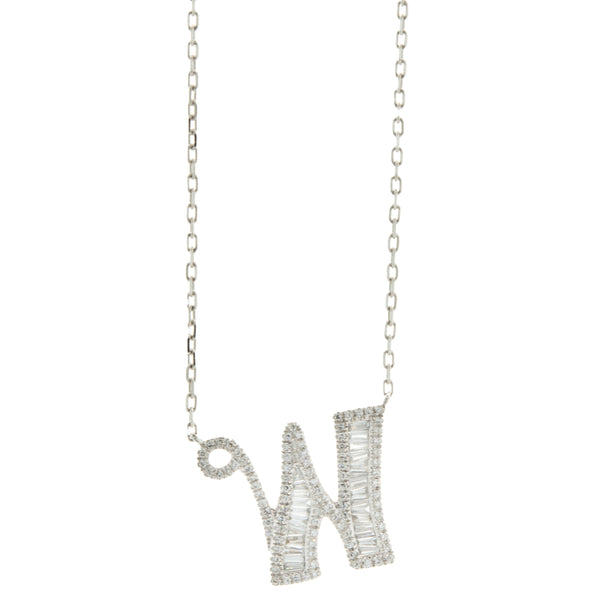 18 Karat White Gold Mosaic Set Diamond Initial W Necklace
