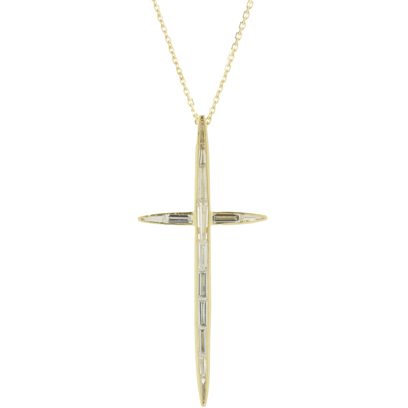 14 Karat Yellow Gold Bezel Set Baguette Cut Diamond Cross Necklace