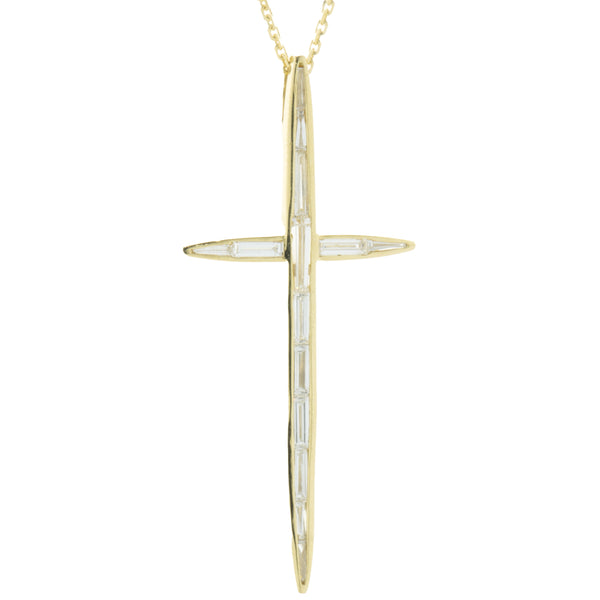 14 Karat Yellow Gold Bezel Set Baguette Cut Diamond Cross Necklace