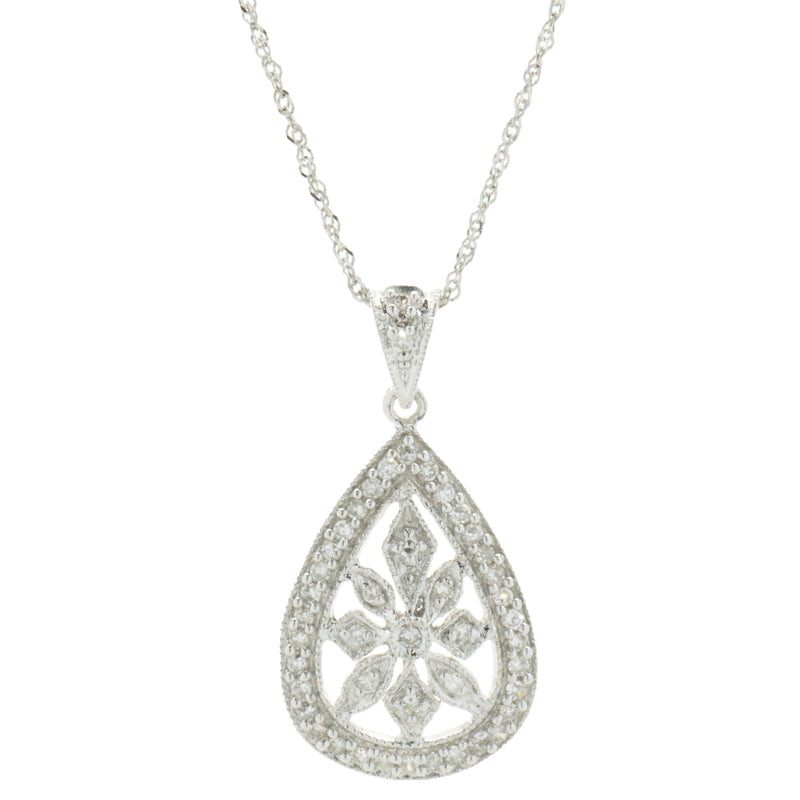 14 Karat White Gold Filigree Diamond Pear Shape Necklace