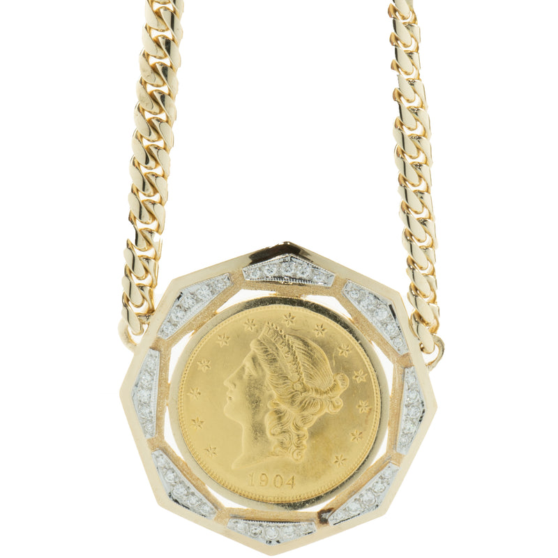 $20 1904 Liberty Coin in 14 Karat Yellow Gold Diamond Bezel Necklace