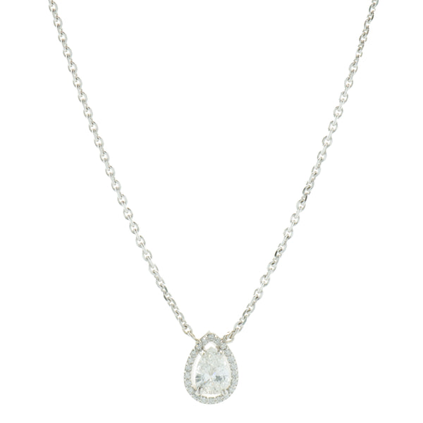 14 Karat White Gold Pear Diamond Halo Necklace