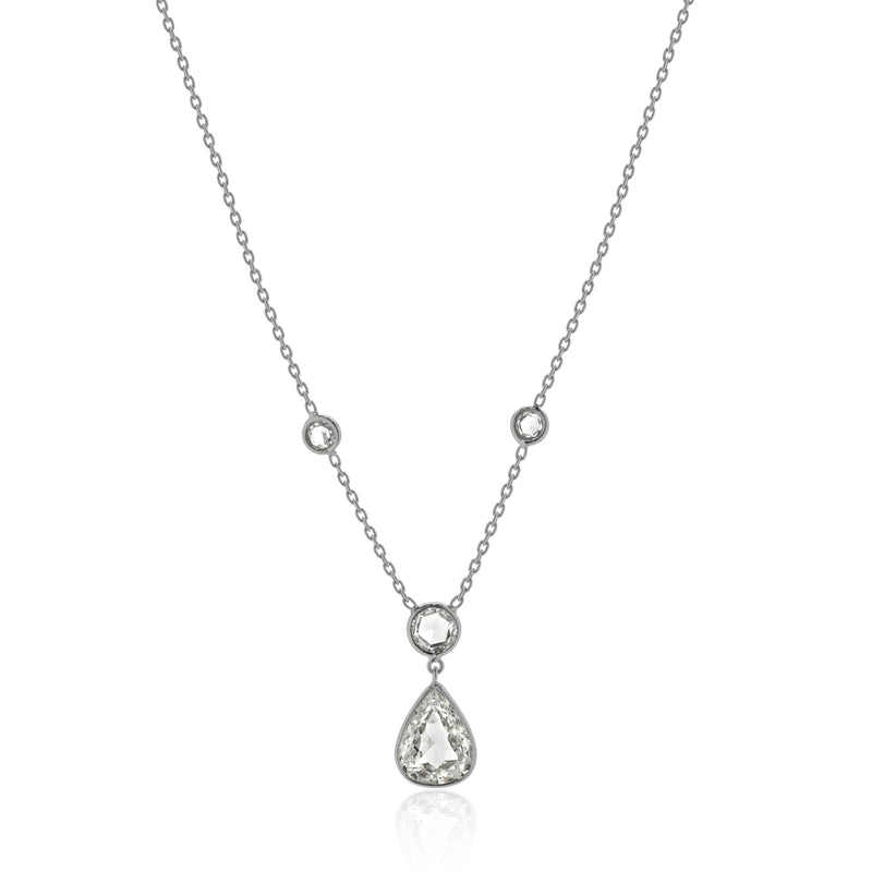 Platinum Pear and Rose Cut Diamond Drop Necklace