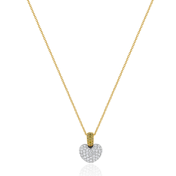 18 Karat White & Yellow Gold Fancy Yellow and White Diamond Puffed Heart Necklace