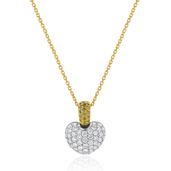 18 Karat White & Yellow Gold Fancy Yellow and White Diamond Puffed Heart Necklace