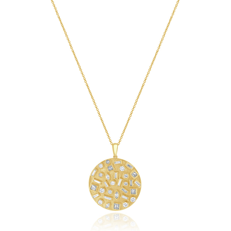 14 Karat Yellow Gold Multi Shape Bezel Set Diamond Disc Necklace