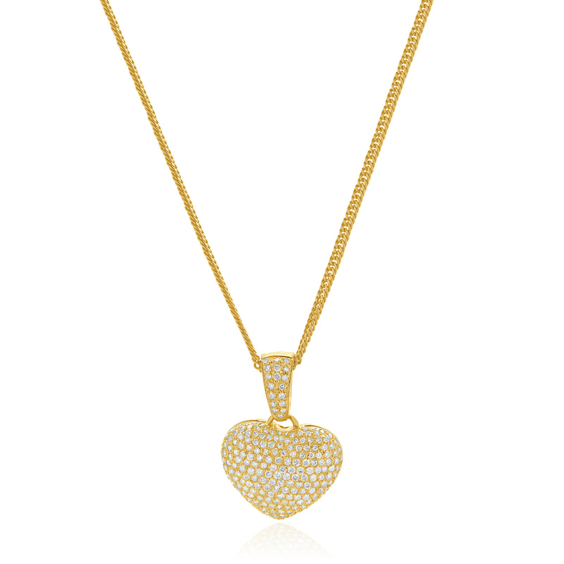 18 Karat Yellow Gold Pave Diamond Puffed Heart Necklace