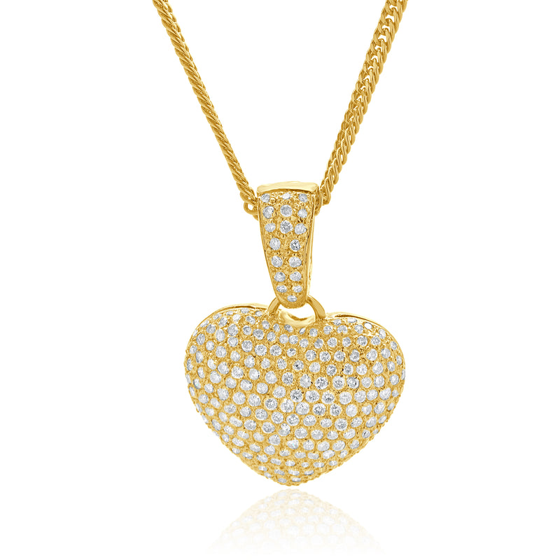 18 Karat Yellow Gold Pave Diamond Puffed Heart Necklace