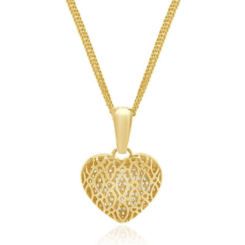 18 Karat Yellow Gold Pave Diamond Puffed Heart Necklace