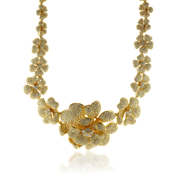 18 Karat Yellow Gold Pave Diamond Flower Link Collar Necklace