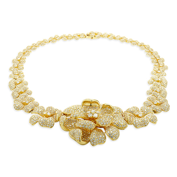 18 Karat Yellow Gold Pave Diamond Flower Link Collar Necklace