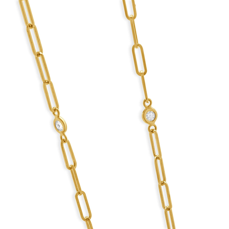 14 Karat Yellow Gold Diamond Paperclip Station Necklace