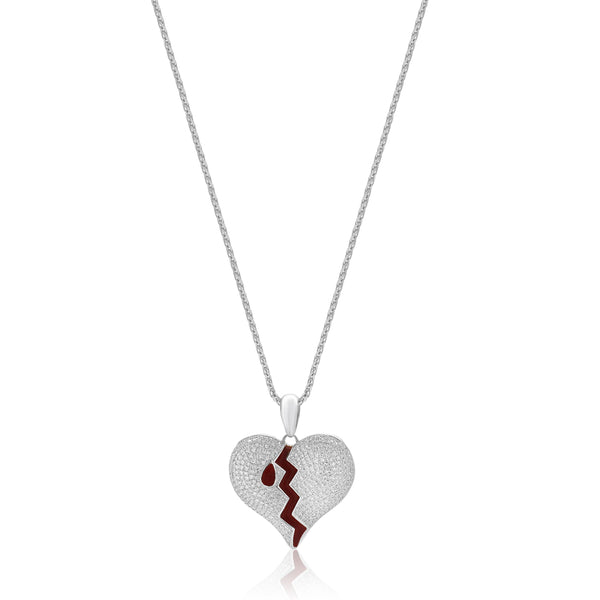 10/14 Karat White Gold Pave Diamond and Enamel Broke Heart Necklace