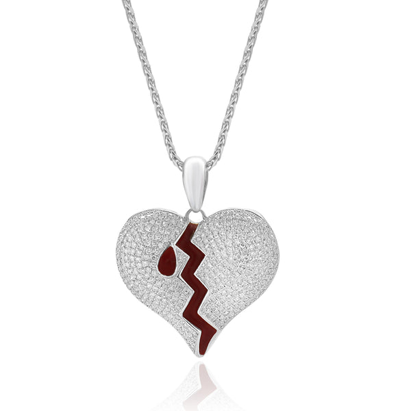 10/14 Karat White Gold Pave Diamond and Enamel Broke Heart Necklace