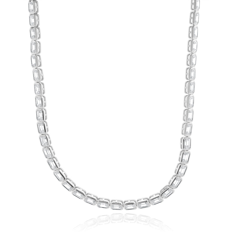 18 Karat White Gold Emerald Cut Diamond Inline Tennis Necklace