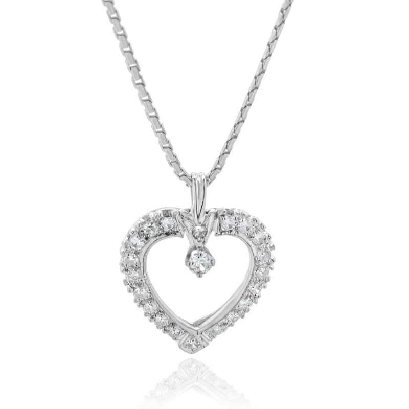 14 Karat White Gold Diamond Open Heart Necklace