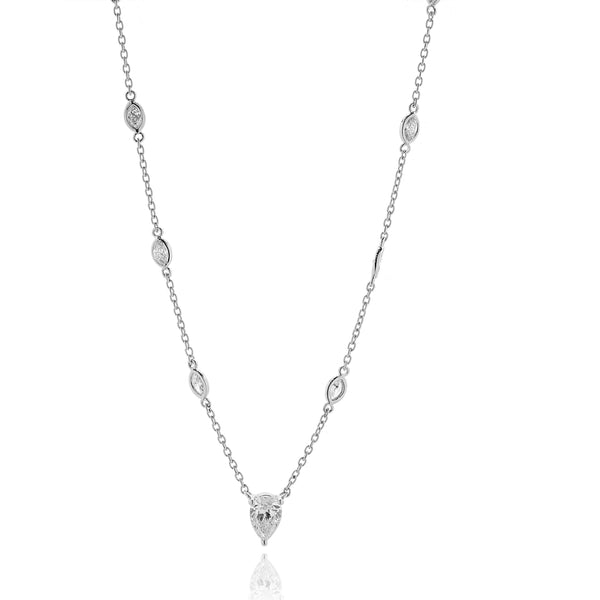 14 Karat White Gold Pear and Marquise Diamond Station Necklace