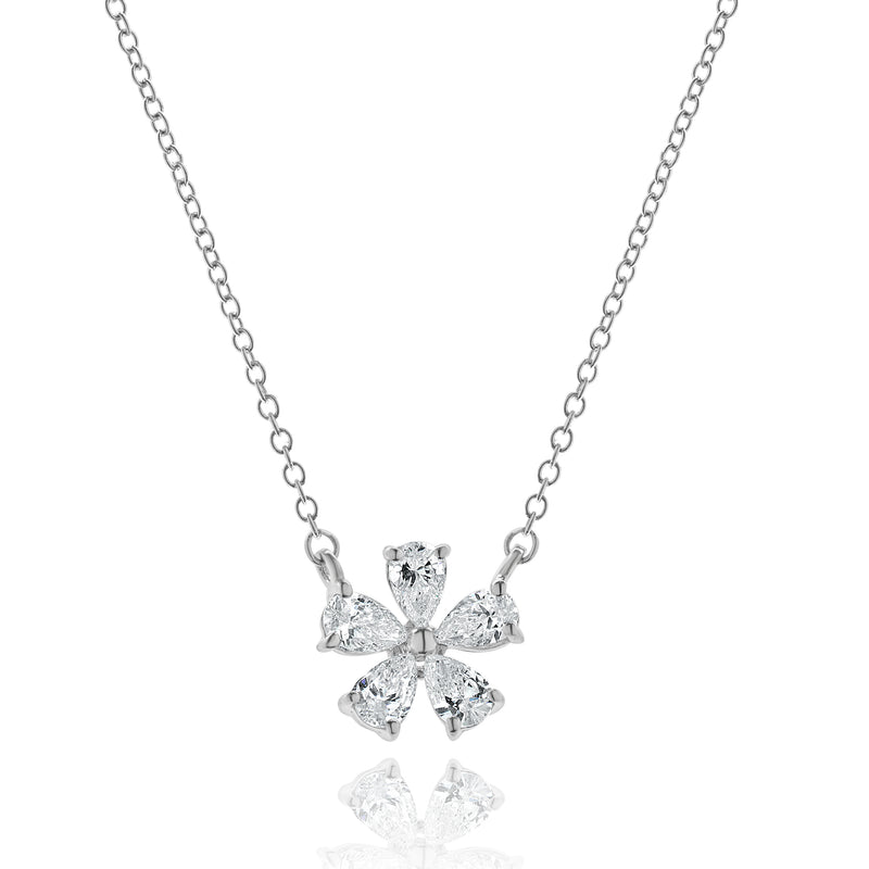 18 Karat White Gold Pear Cut Diamond Flower Necklace