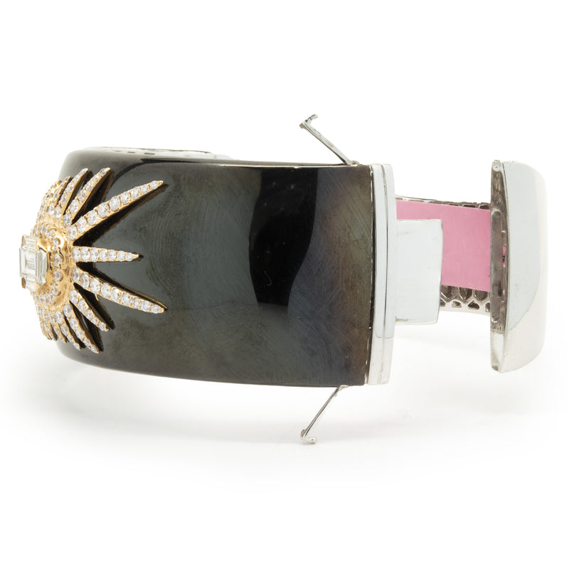 18 Karat Rose Gold, Black Enamel, and Mosaic Set Diamond Star Bangle Bracelet