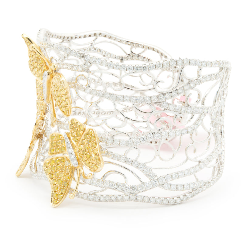 18 Karat White & Yellow Gold Pave Diamond Butterfly Floral Cuff Bracelet