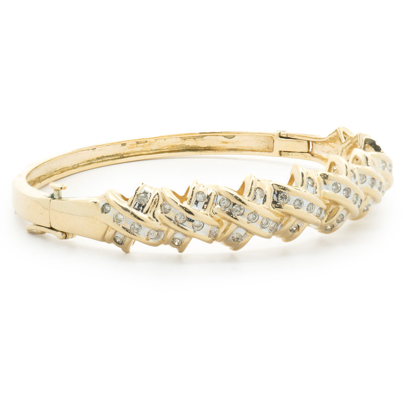 14 Karat Yellow Gold Channel Set Diamond X Bangle Bracelet