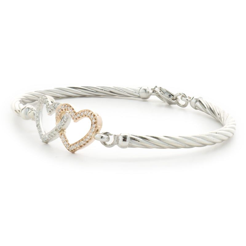 Sterling Silver & 14 Karat White & Rose Gold Double Diamond Heart Bangle Bracelet