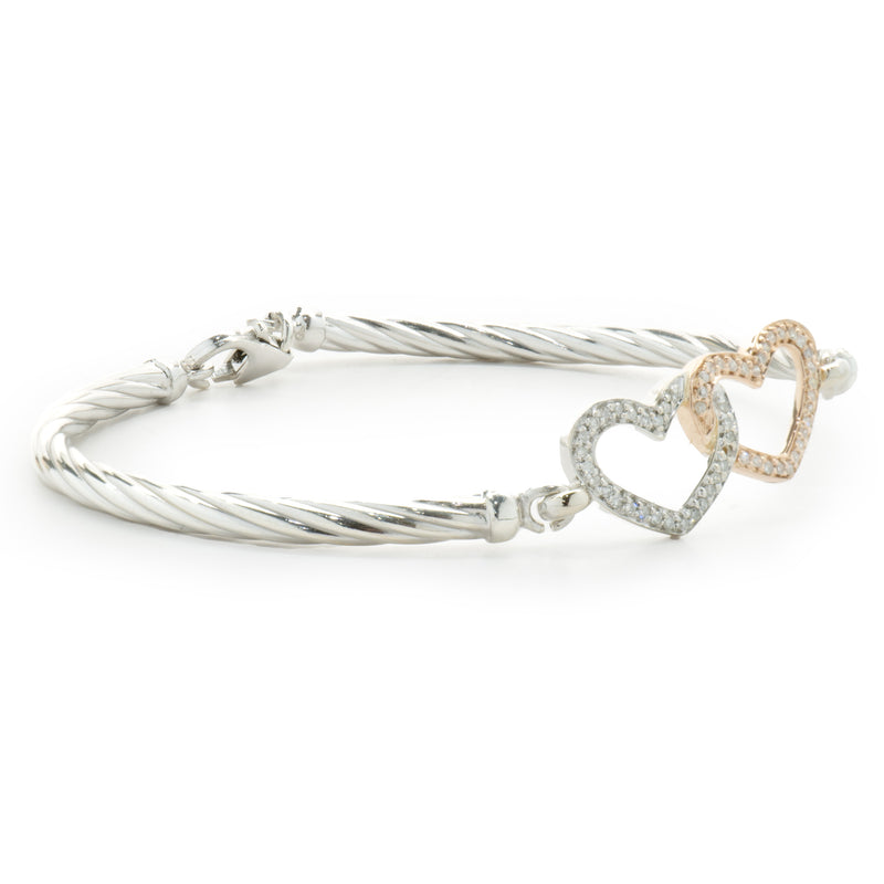 Sterling Silver & 14 Karat White & Rose Gold Double Diamond Heart Bangle Bracelet