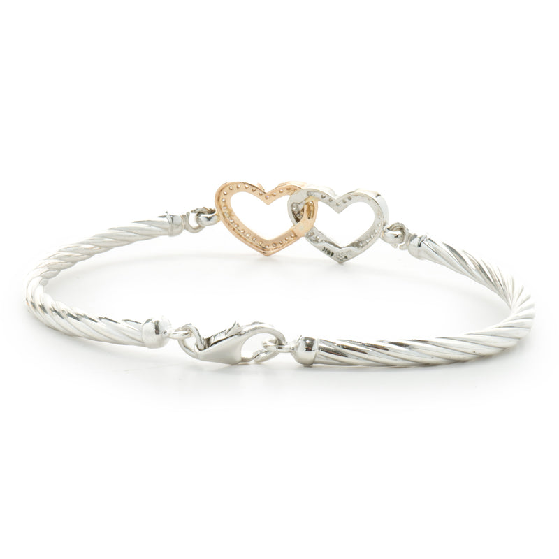 Sterling Silver & 14 Karat White & Rose Gold Double Diamond Heart Bangle Bracelet