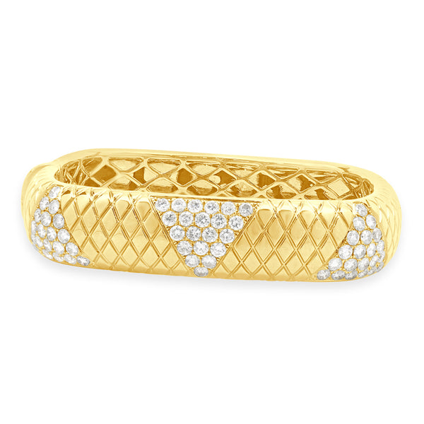 14 Karat Yellow Gold Snake Skin Textured Diamond Squared Bangle Bracelet