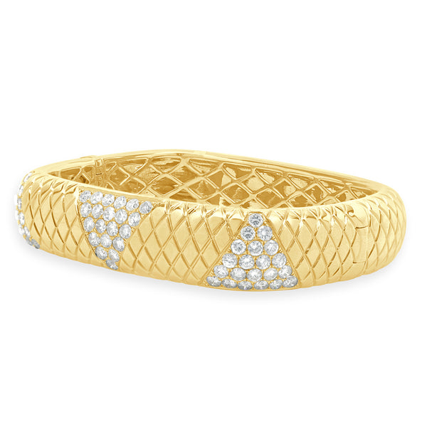 14 Karat Yellow Gold Snake Skin Textured Diamond Squared Bangle Bracelet