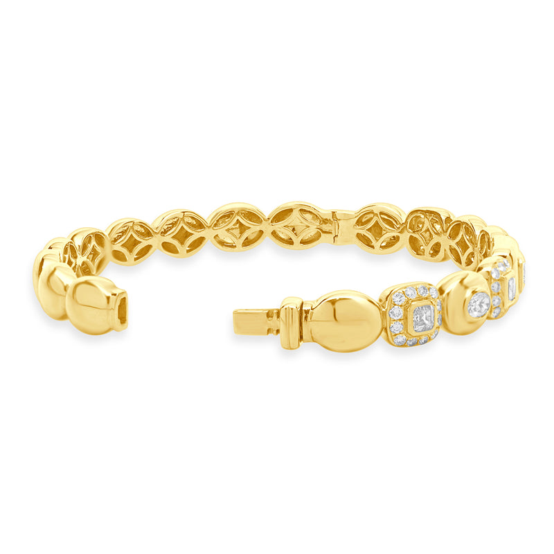 18 Karat Yellow Gold Pave Diamond Multi Shape Diamond Bangle Bracelet