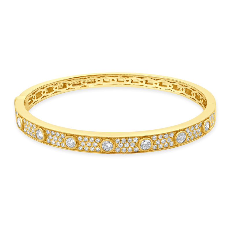18 Karat Yellow Gold Pave Diamond Bangle Bracelet with Bezel Set Diamond Station