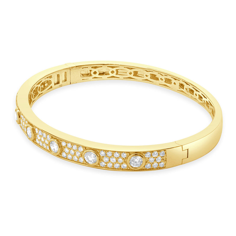 18 Karat Yellow Gold Pave Diamond Bangle Bracelet with Bezel Set Diamond Station